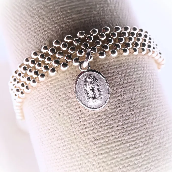 Bracelets MEXICO Silver Guadalupe Beaded Elastic Bracelet 75inch