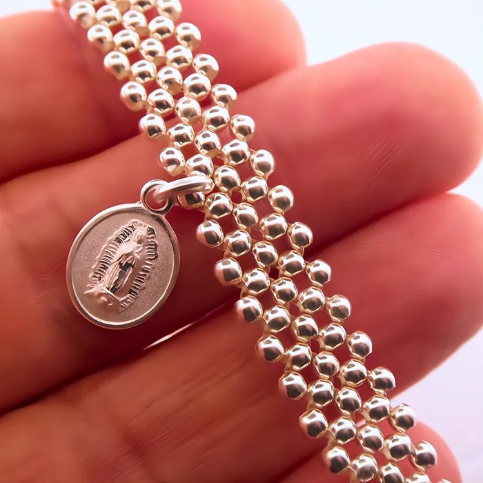 Bracelets MEXICO Silver Guadalupe Beaded Elastic Bracelet 75inch