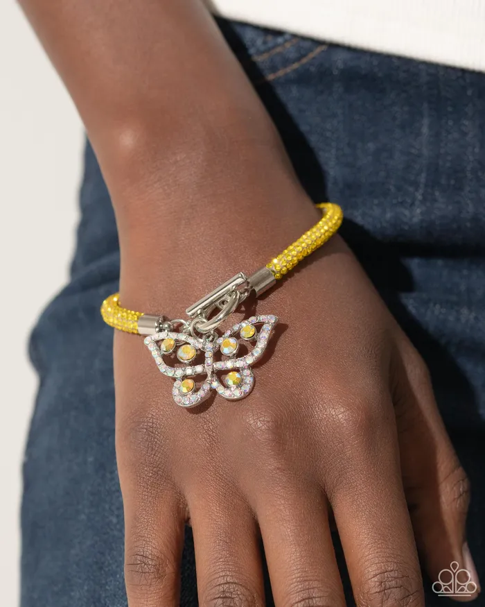 Bracelets Paparazzi Accessories Aerial Appeal Yellow Rhinestone Silver Butterfly Bracelet Paparazzi