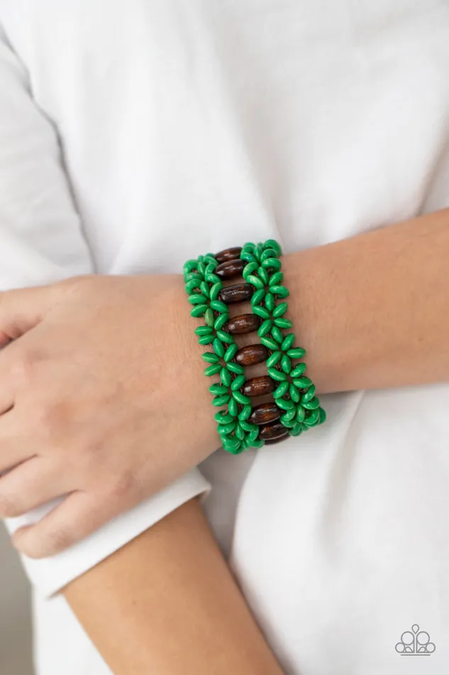 Bracelets Paparazzi Accessories Bali Beach Retreat Green and Brown Wooden Bead Stretchy Bracelet Paparazzi