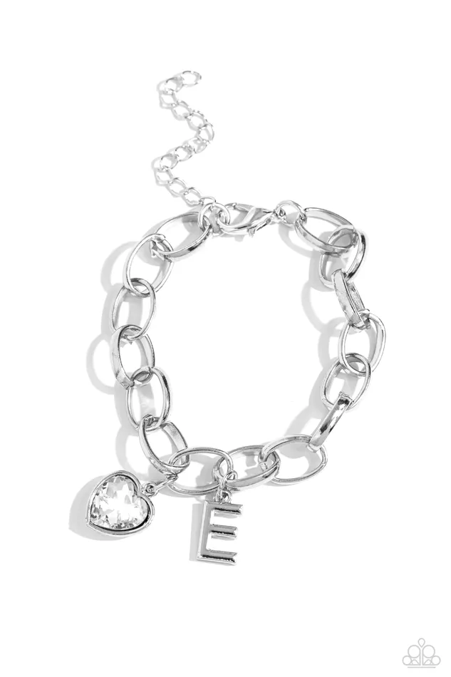 Bracelets Paparazzi Accessories Guess Now Its INITIAL White E Heart Gem Letter Alphabet Silver Charm Bracelet Paparazzi Bracelets Paparazzi Accessories Guess Now Its INITIAL White E Heart Gem Letter Alphabet Silver Charm Bracelet Paparazzi