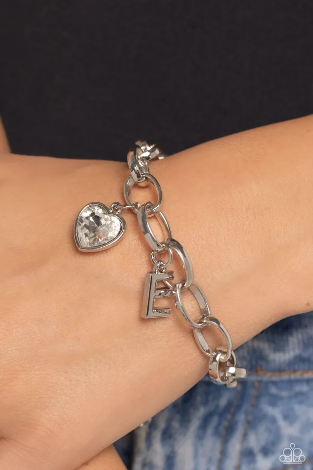 Bracelets Paparazzi Accessories Guess Now Its INITIAL White E Heart Gem Letter Alphabet Silver Charm Bracelet Paparazzi
