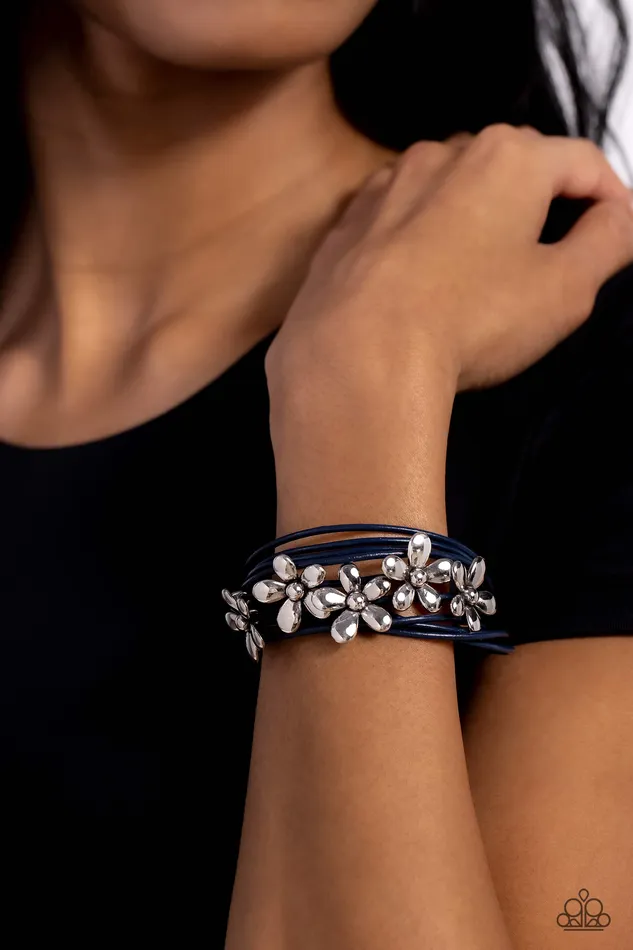 Bracelets Paparazzi Accessories Here Comes the BLOOM Blue Cord Silver Flower Magnet Bracelet Paparazzi