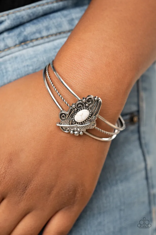 Bracelets Paparazzi Accessories Sahara Solstice White Cracked Stone Silver Feather Dainty Cuff Bracelet Paparazzi