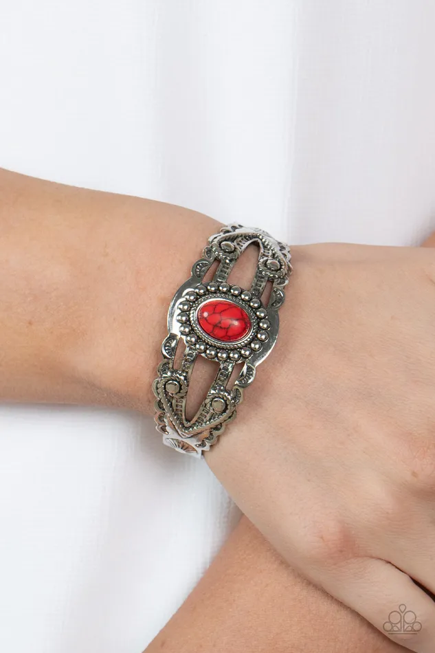 Bracelets Paparazzi Accessories Sonoran Soul Searcher Red Stone Silver Cuff Bracelet Paparazzi