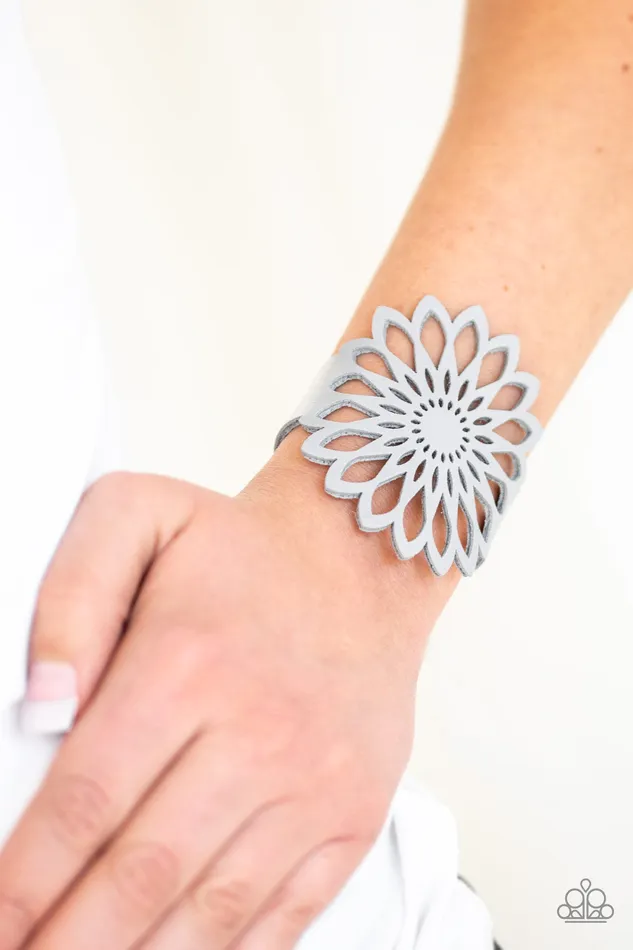 Bracelets Paparazzi Accessories Wildly Wildflower Silver Gray Leather Floral Pattern Bracelet