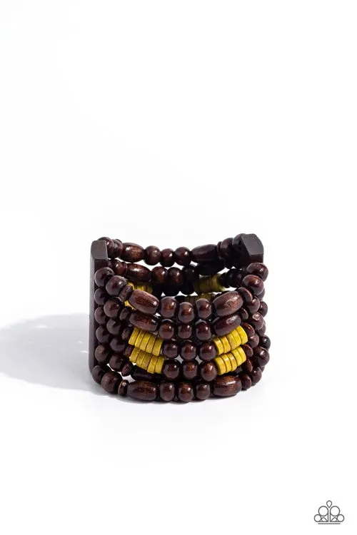 Bracelets Paradise Palazzo Yellow and Brown Wooden Bead Stretchy Bracelet Paparazzi Paparazzi Accessories