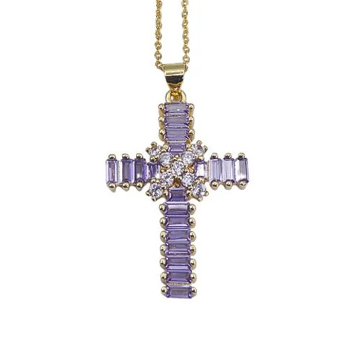 BRAZIL Necklaces GoldPlated Violet Zirconia Cross Necklace 18inch
