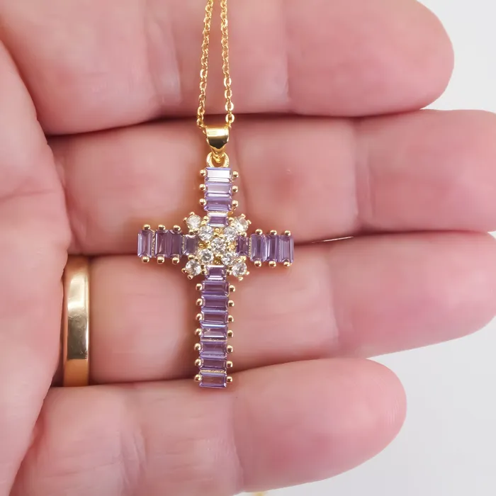 BRAZIL Necklaces GoldPlated Violet Zirconia Cross Necklace 18inch