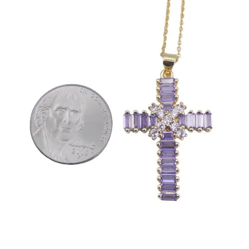 BRAZIL Necklaces GoldPlated Violet Zirconia Cross Necklace 18inch