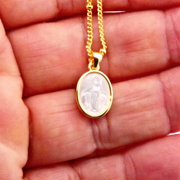 BRAZIL Necklaces Mother of Pearl Our Lady of Grace Necklace With Beaded Chain 18inch