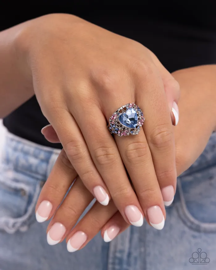 Bursting with Beauty Blue Heart Gem Pink Rhinestone Silver Ring Paparazzi Paparazzi Accessories Rings