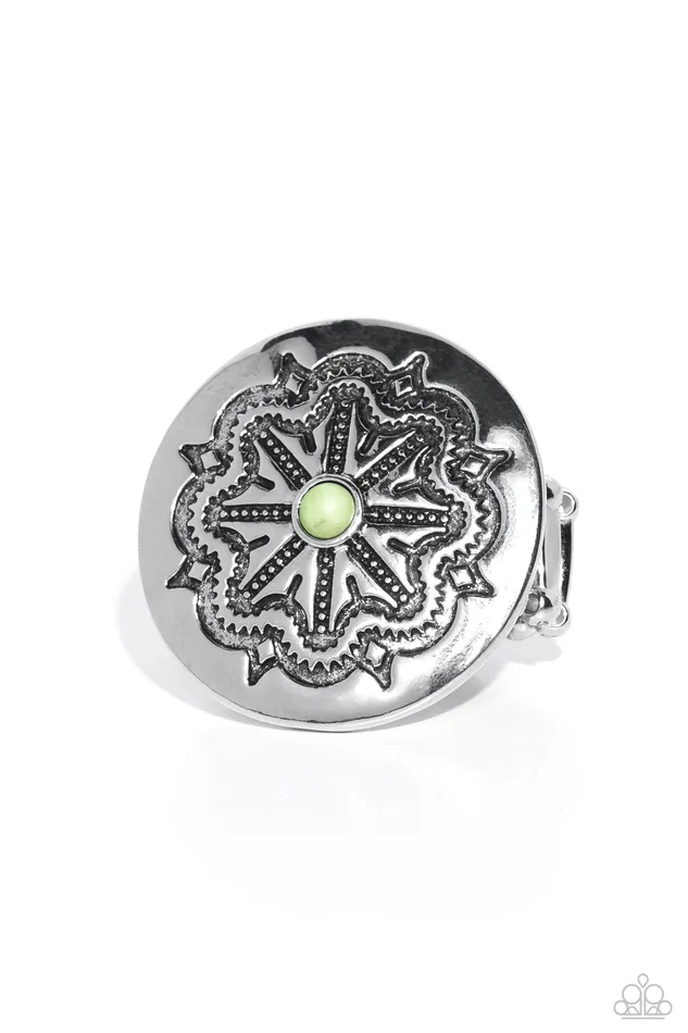 Carved Coachella Green Bead Silver Flower Ring Paparazzi Paparazzi Accessories Rings Carved Coachella Green Bead Silver Flower Ring Paparazzi Paparazzi Accessories Rings