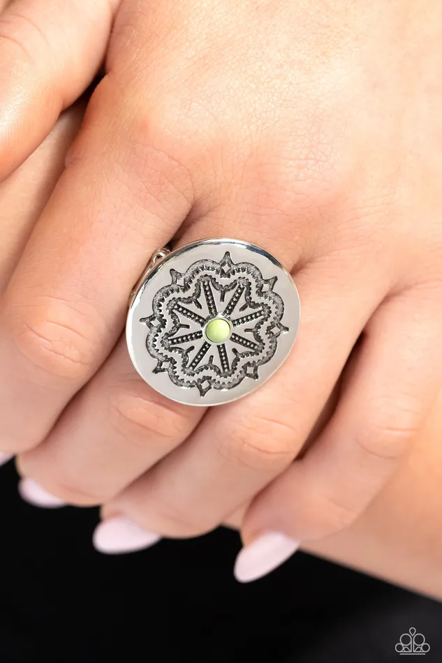 Carved Coachella Green Bead Silver Flower Ring Paparazzi Paparazzi Accessories Rings