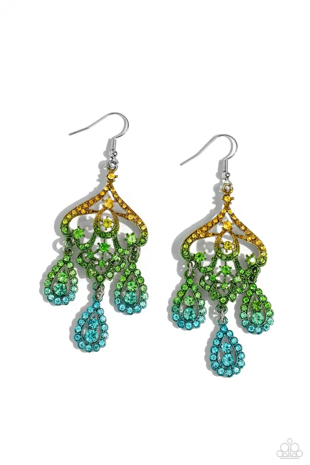 Chandelier Command Multi Yellow to Green to Blue Rhinestone Ombre Earrings Paparazzi Paparazzi Accessories Earrings Chandelier Command Multi Yellow to Green to Blue Rhinestone Ombre Earrings Paparazzi Paparazzi Accessories Earrings