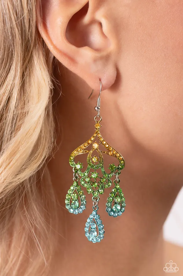 Chandelier Command Multi Yellow to Green to Blue Rhinestone Ombre Earrings Paparazzi Paparazzi Accessories Earrings