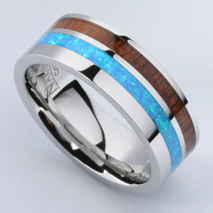 Cobalt Opal Wedding Ring with Koa Wood Flat 8mm Nakoa Rings Cobalt Opal Wedding Ring with Koa Wood Flat 8mm Nakoa Rings