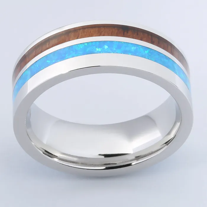 Cobalt Opal Wedding Ring with Koa Wood Flat 8mm Nakoa Rings Cobalt Opal Wedding Ring with Koa Wood Flat 8mm Nakoa Rings
