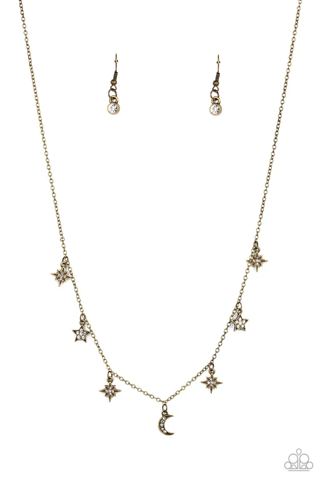 Cosmic Runway Brass Moon and Star White Rhinestone Dainty Necklace Paparazzi Paparazzi Accessories Necklaces Cosmic Runway Brass Moon and Star White Rhinestone Dainty Necklace Paparazzi Paparazzi Accessories Necklaces