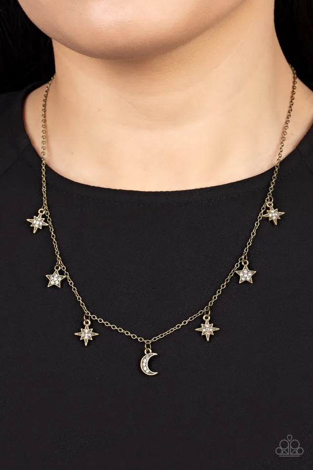 Cosmic Runway Brass Moon and Star White Rhinestone Dainty Necklace Paparazzi Paparazzi Accessories Necklaces