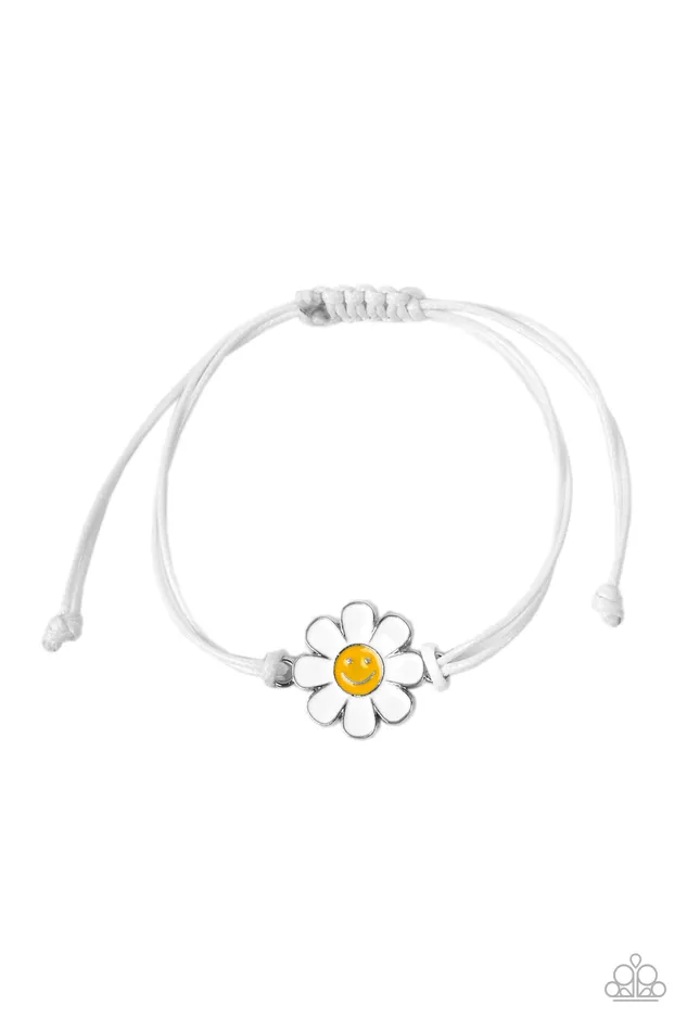 DAISY Little Thing White Cord and Petal Silver Smiley Face Slide Bracelet Paparazzi Paparazzi Accessories Bracelets DAISY Little Thing White Cord and Petal Silver Smiley Face Slide Bracelet Paparazzi Paparazzi Accessories Bracelets