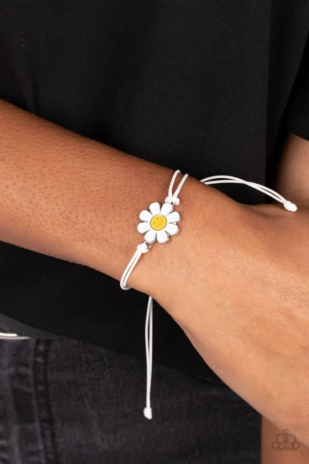 DAISY Little Thing White Cord and Petal Silver Smiley Face Slide Bracelet Paparazzi Paparazzi Accessories Bracelets