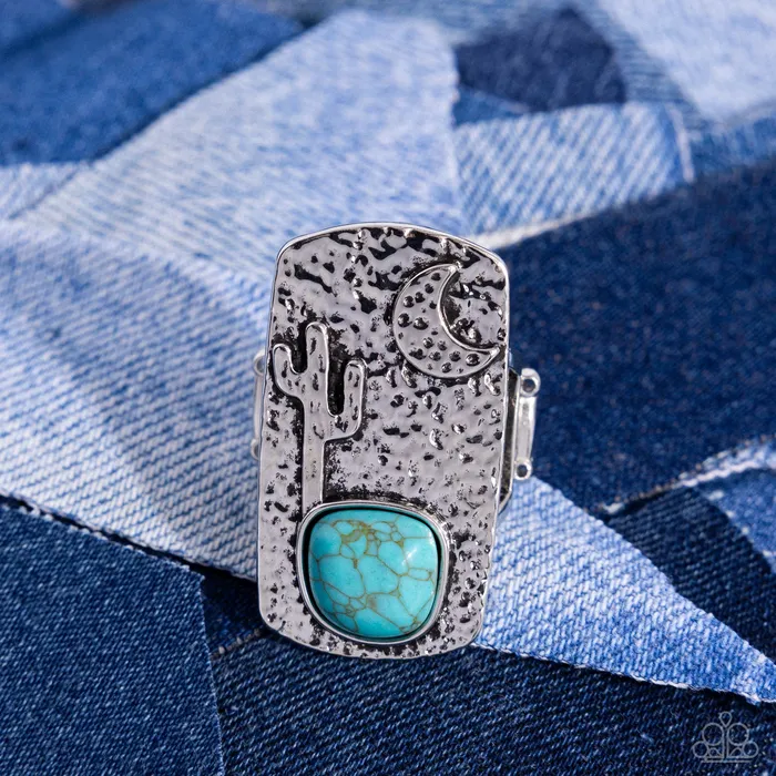Desert Landscape Blue Turquoise Stone Cactus Moon Western Silver Ring Paparazzi Paparazzi Accessories Rings
