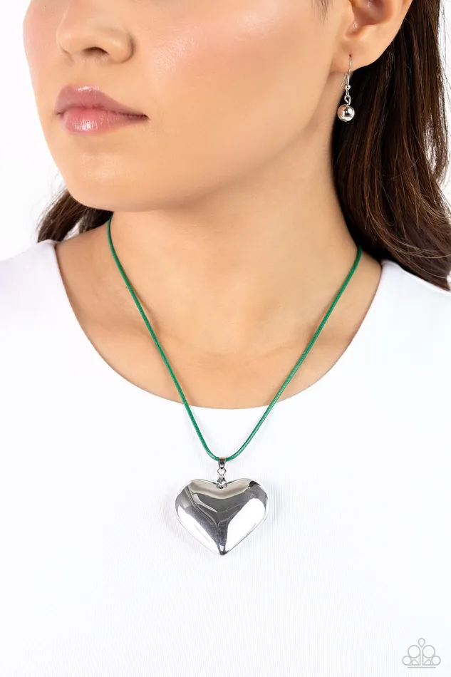 Devoted Daze Green Cord Silver Heart Short Necklace Paparazzi Paparazzi Accessories Necklaces