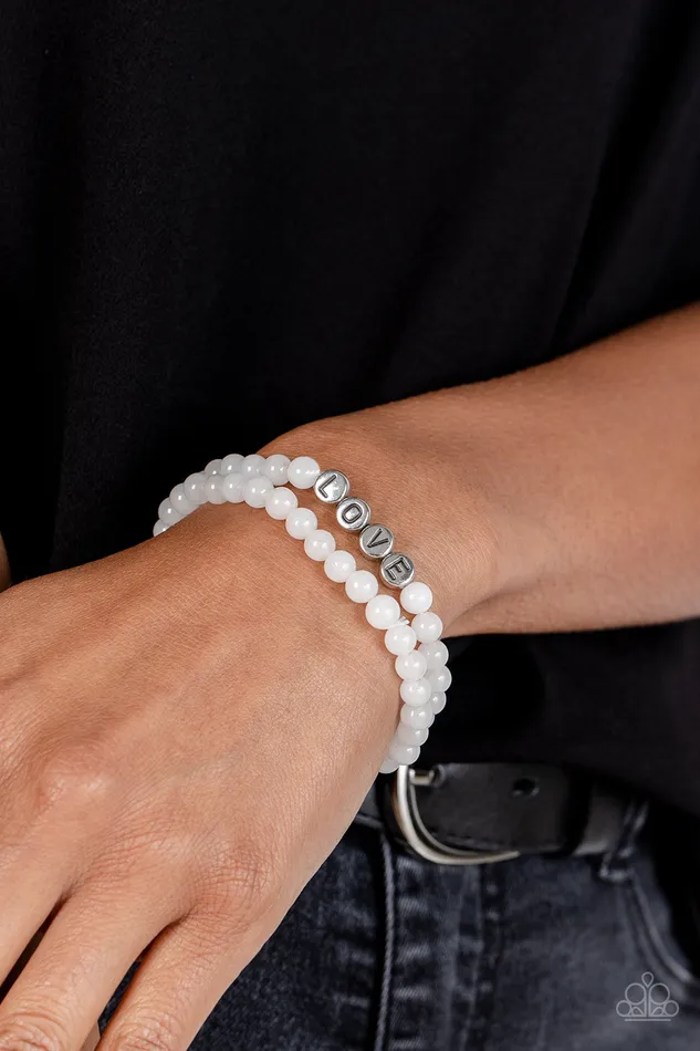 Devoted Dreamer White and Silver LOVE Bead Stretchy Bracelet Paparazzi Paparazzi Accessories Bracelets
