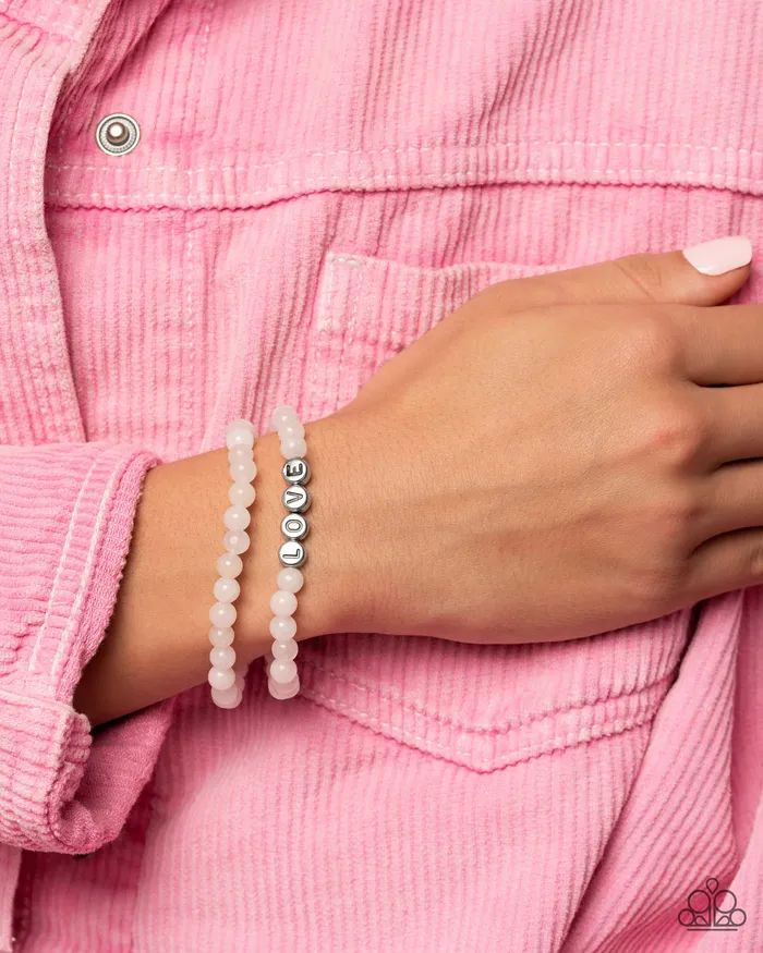 Devoted Dreamer White and Silver LOVE Bead Stretchy Bracelet Paparazzi Paparazzi Accessories Bracelets