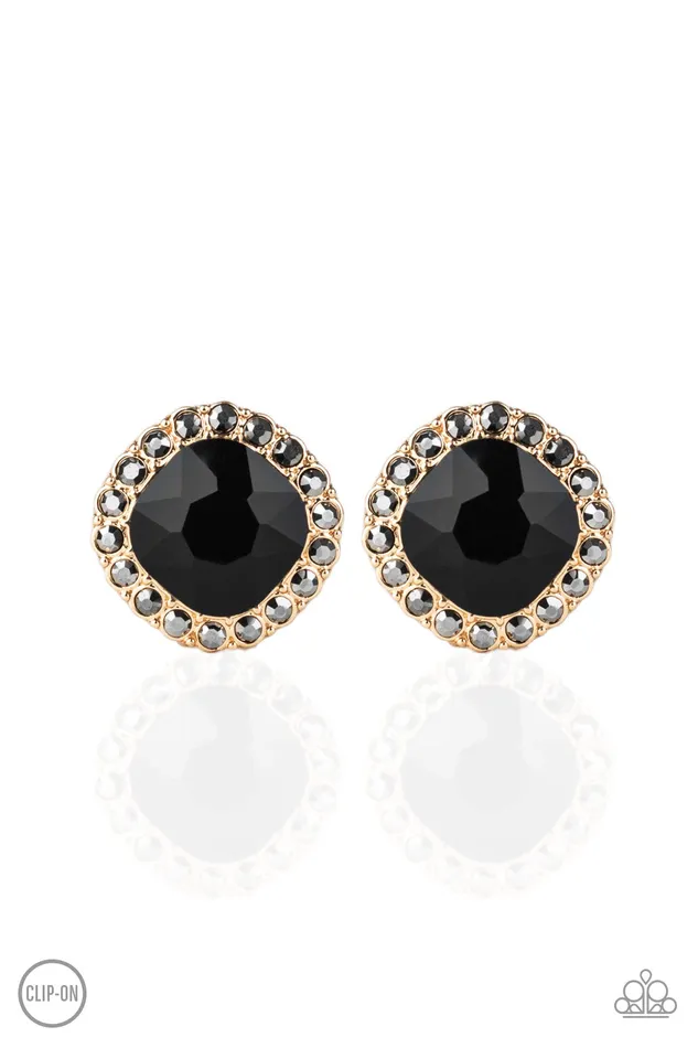 Diamond Duchess Paparazzi Gold Frame Black and Hematite Rhinestone Clipon Earrings Paparazzi Accessories Earrings Diamond Duchess Paparazzi Gold Frame Black and Hematite Rhinestone Clipon Earrings Paparazzi Accessories Earrings