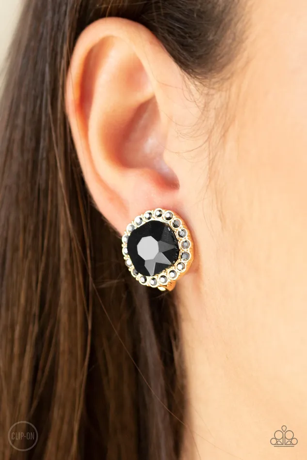 Diamond Duchess Paparazzi Gold Frame Black and Hematite Rhinestone Clipon Earrings Paparazzi Accessories Earrings