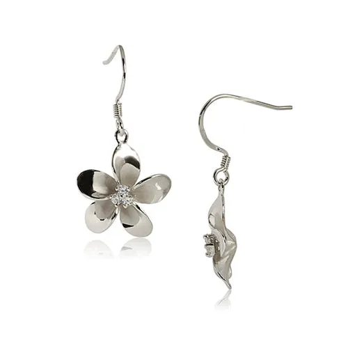 Earrings 10MM Prong Setting CZ Sterling Silver Plumeria Hook Earring rhodium plated Nakoa Earrings 10MM Prong Setting CZ Sterling Silver Plumeria Hook Earring rhodium plated Nakoa
