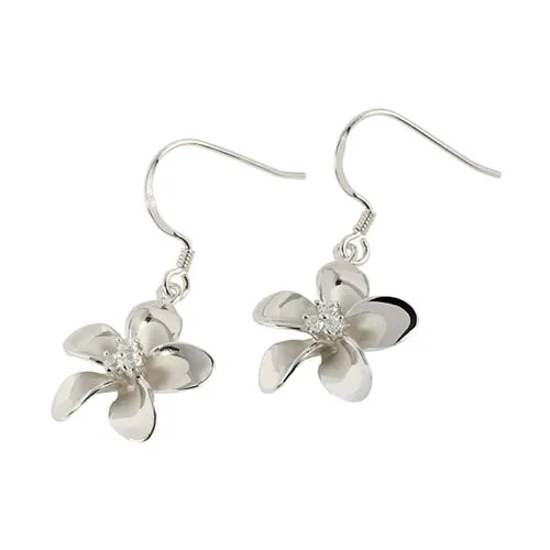 Earrings 10MM Prong Setting CZ Sterling Silver Plumeria Hook Earring rhodium plated Nakoa Earrings 10MM Prong Setting CZ Sterling Silver Plumeria Hook Earring rhodium plated Nakoa