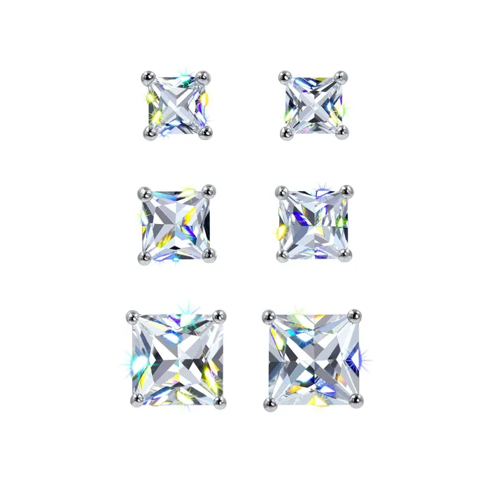 Earrings 17445 PrincessCut Cubic Zirconia Stud Earrings Trio Set 4028