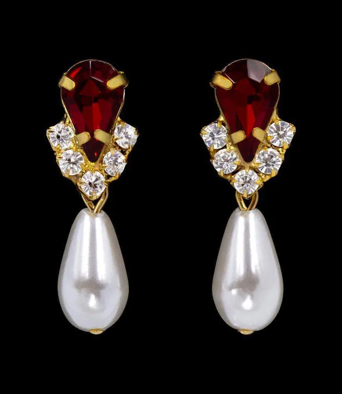 Earrings 4037 5538SIAMG Rhinestone Pear V Pearl Drop Earrings Siam Gold Plated