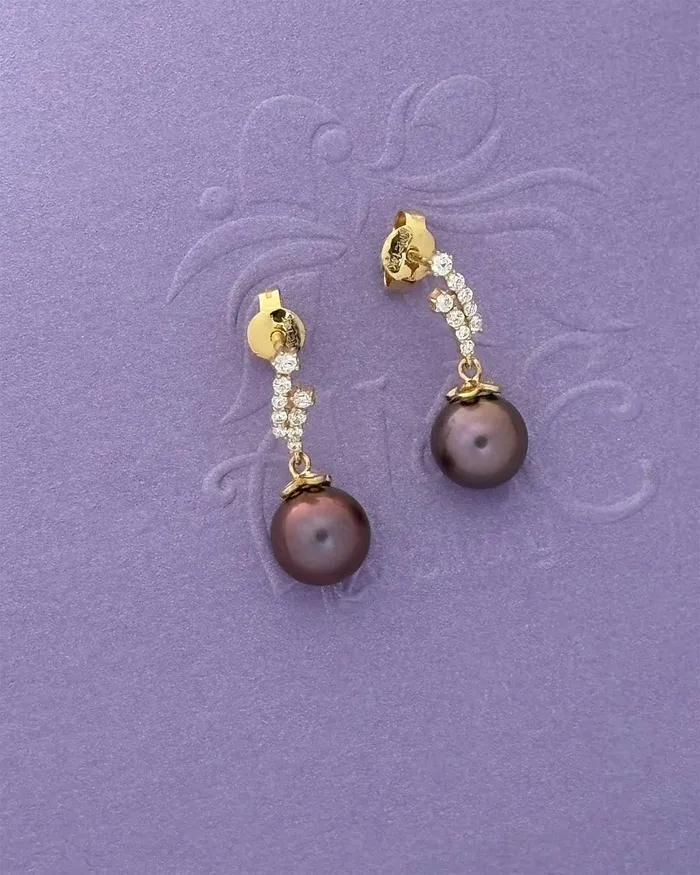 Earrings AME Jewellery 8mm Aubergine Freshwater Pearl Drop Earrings in 14K Yellow Gold Earrings AME Jewellery 8mm Aubergine Freshwater Pearl Drop Earrings in 14K Yellow Gold