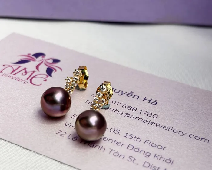 Earrings AME Jewellery 8mm Aubergine Freshwater Pearl Drop Earrings in 14K Yellow Gold