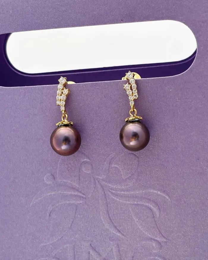 Earrings AME Jewellery 8mm Aubergine Freshwater Pearl Drop Earrings in 14K Yellow Gold