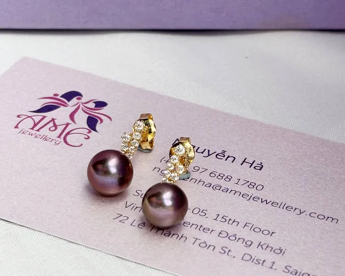 Earrings AME Jewellery 8mm Aubergine Freshwater Pearl Drop Earrings in 14K Yellow Gold