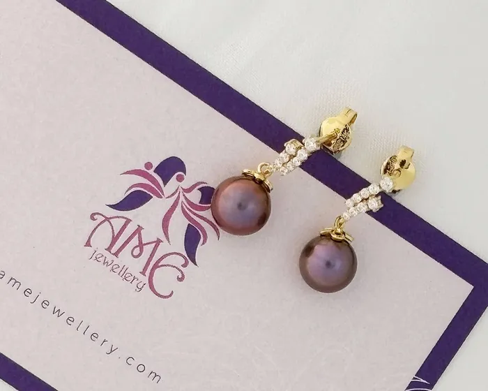 Earrings AME Jewellery 8mm Aubergine Freshwater Pearl Drop Earrings in 14K Yellow Gold