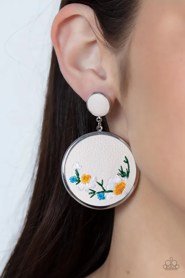 Earrings Embroidered Gardens Multi Floral Silver Frame Leather Post Earrings Paparazzi Paparazzi Accessories