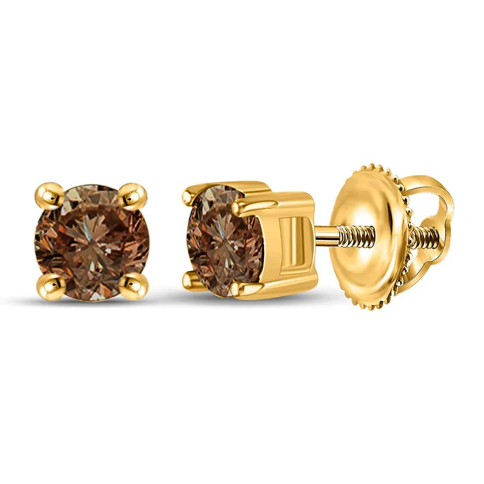 Earrings GND 10Kt Yellow Gold Womens Round Brown Diamond Solitaire Screwback Earrings 100 Cttw 102 grams Earrings GND 10Kt Yellow Gold Womens Round Brown Diamond Solitaire Screwback Earrings 100 Cttw 102 grams