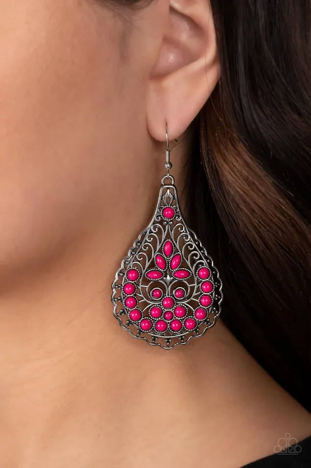 Earrings Paparazzi Accessories Botanical Beauty Pink Bead Silver Earrings Paparazzi