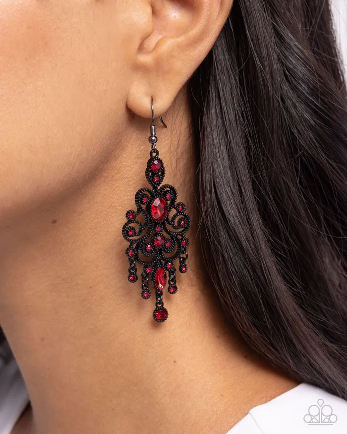 Earrings Paparazzi Accessories Chandelier Celebration Red Rhinestone Black Filigree Earrings Paparazzi