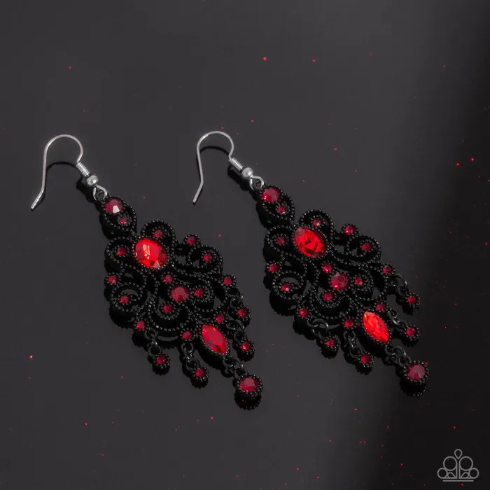 Earrings Paparazzi Accessories Chandelier Celebration Red Rhinestone Black Filigree Earrings Paparazzi