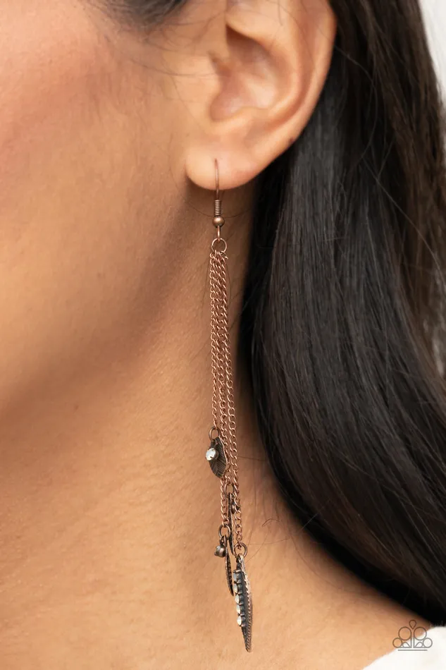 Earrings Paparazzi Accessories Chiming Leaflets Copper Leaf Opalescent White Rhinestone Earrings Paparazzi