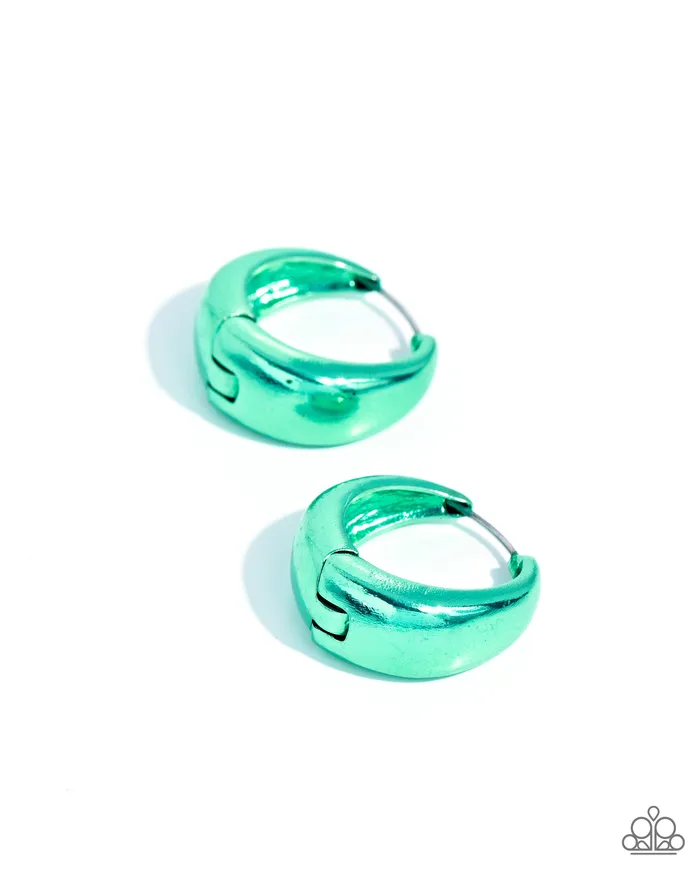 Earrings Paparazzi Accessories Colorful Curiosity Green Metallic Hinge Hoop Earrings Paparazzi
