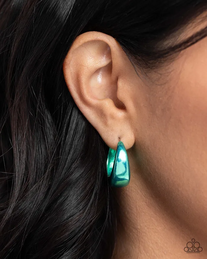 Earrings Paparazzi Accessories Colorful Curiosity Green Metallic Hinge Hoop Earrings Paparazzi