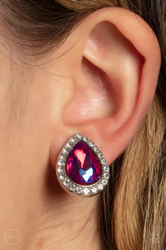 Earrings Paparazzi Accessories Cosmic Castles Pink UV Shimmer Teardrop Clipon Earrings Paparazzi